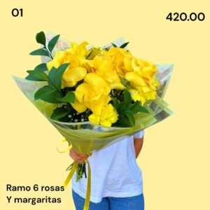 Ramo de 6 Rosas Amarillas con Margaritas